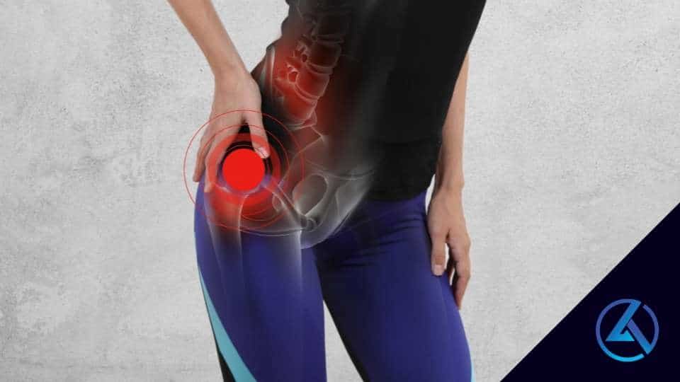 woman with hip pain highlighted with red graphics